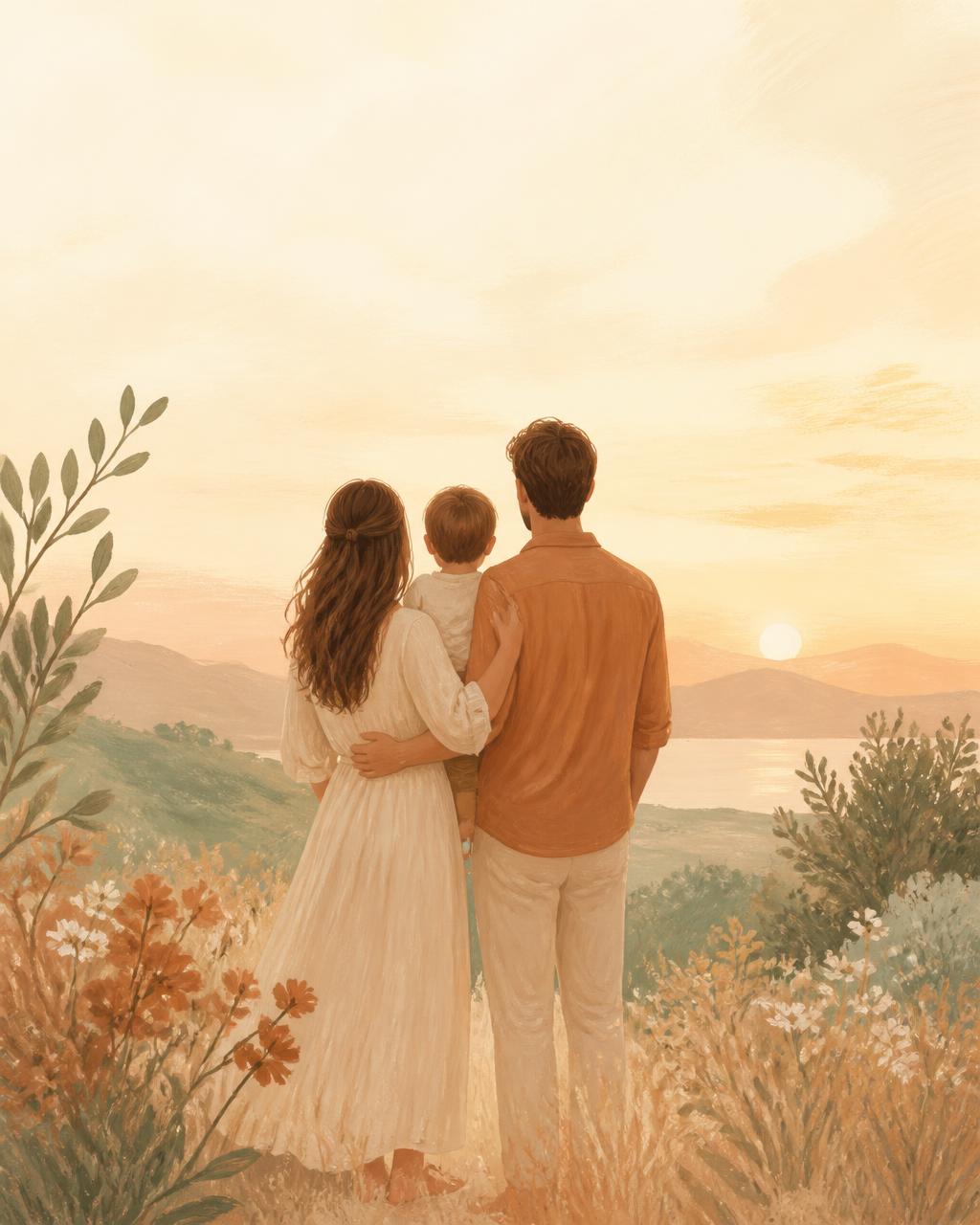 A parent and toddler walking hand in hand on a sunlit hillside